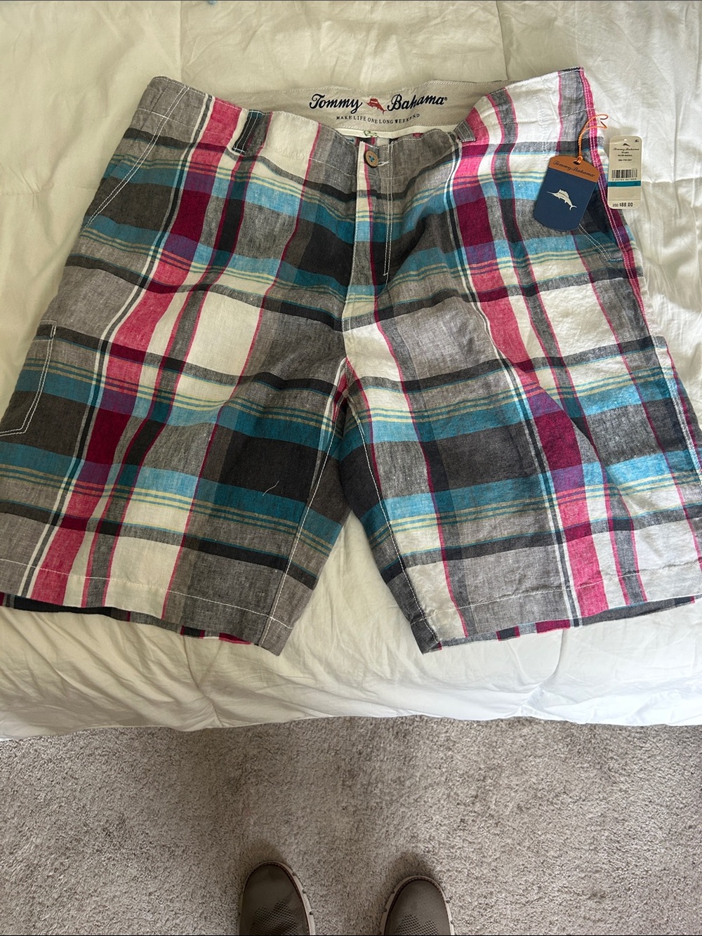 Tommy Bahama Men's Plaid Linen Shorts in Teal, Gray & Red